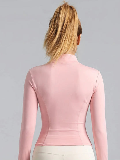 New Women Light Pink Yoga Coat Quick Dry Athletic Jacket with Zip Slim Fit Stand Up Collar Fitness Gym Workouts Outdoor Wear