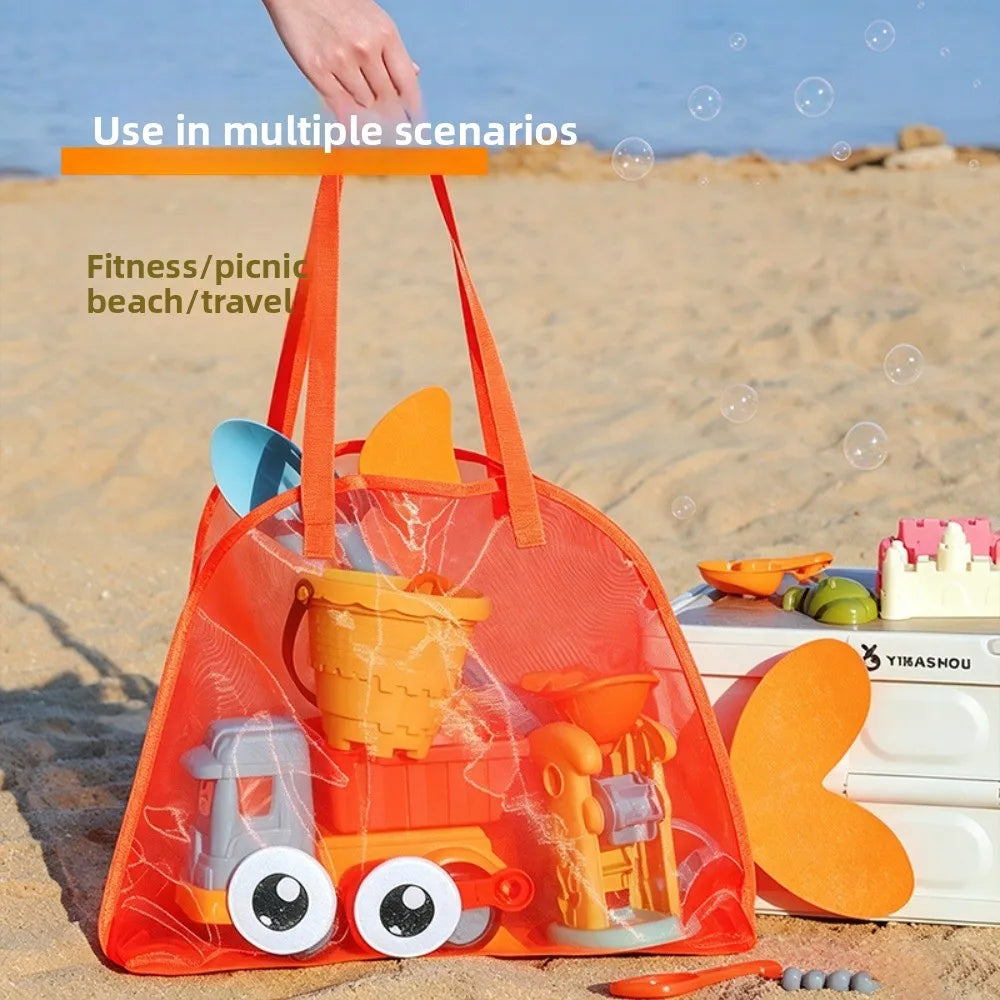 Kids Mesh Beach Bags Colorful Cartoon Shark Animal Sand Free Quick Dry Shell Toy Storage Organizer Totes for Toddlers Vacations