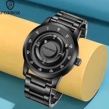 LIGE FOXBOX Fashion Man Magnetic Watch Unique Dial Business Stainless Casual Srolling Bead Waterproof Quartz Men's Watches Gifts