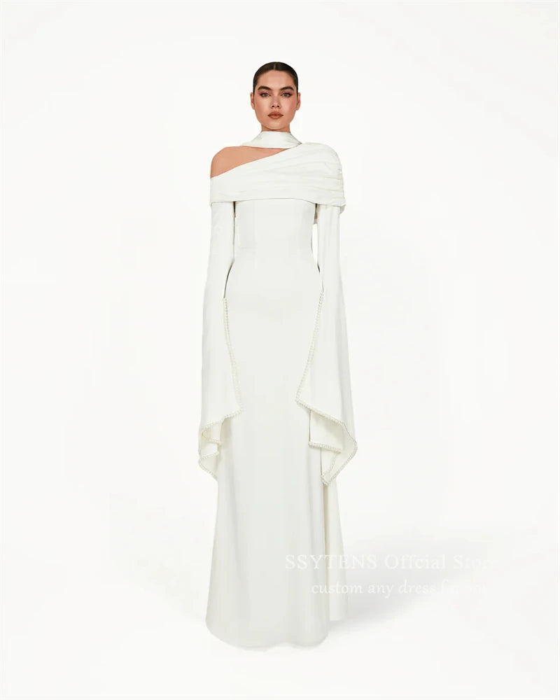 SSYTENS Modest Ivory Wedding Dresses Long Sleeves Formal Prom Gowns One Shoulder Pearls Elegant Wedding Party Dresses Customized