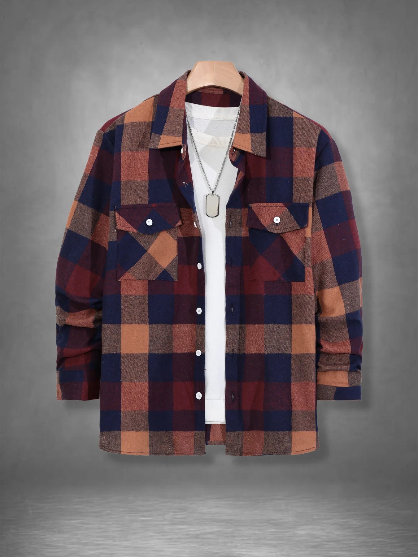 Men's Retro Orange Green Plaid Flannel Shirt Spring Fall Loose Casual Button-Down Jacket