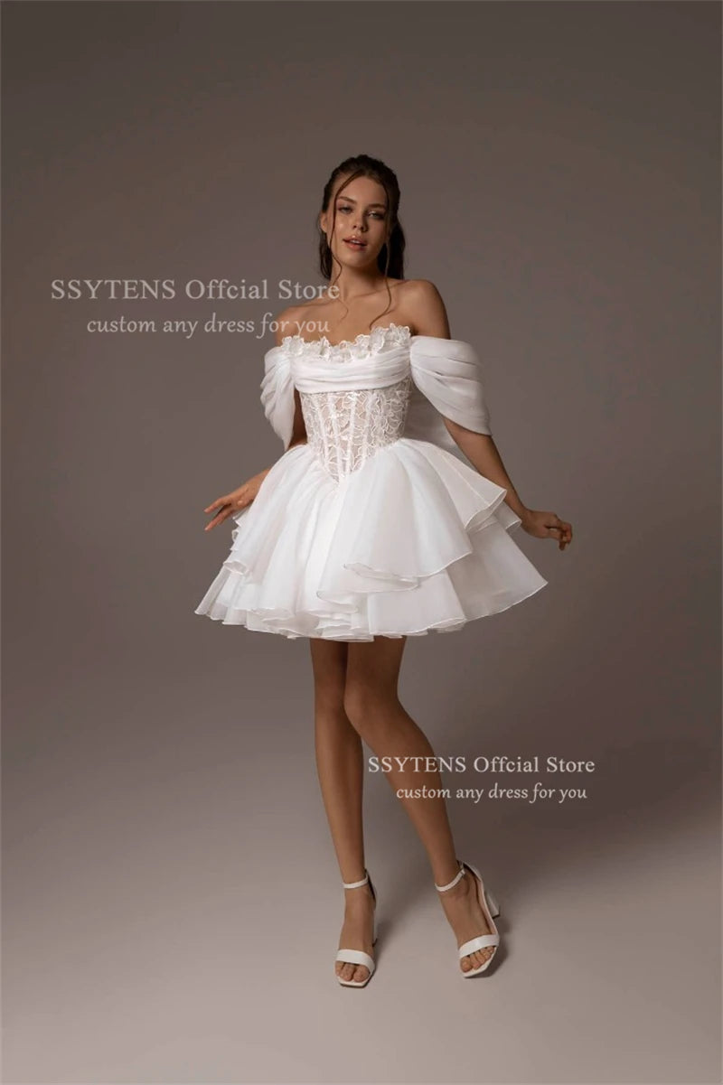 SSYTENS Chic Mini Wedding Dresses Ruffled Bride Dresses Tiered Organza Off Shoulder White A Line Robes De Celebrity Customized