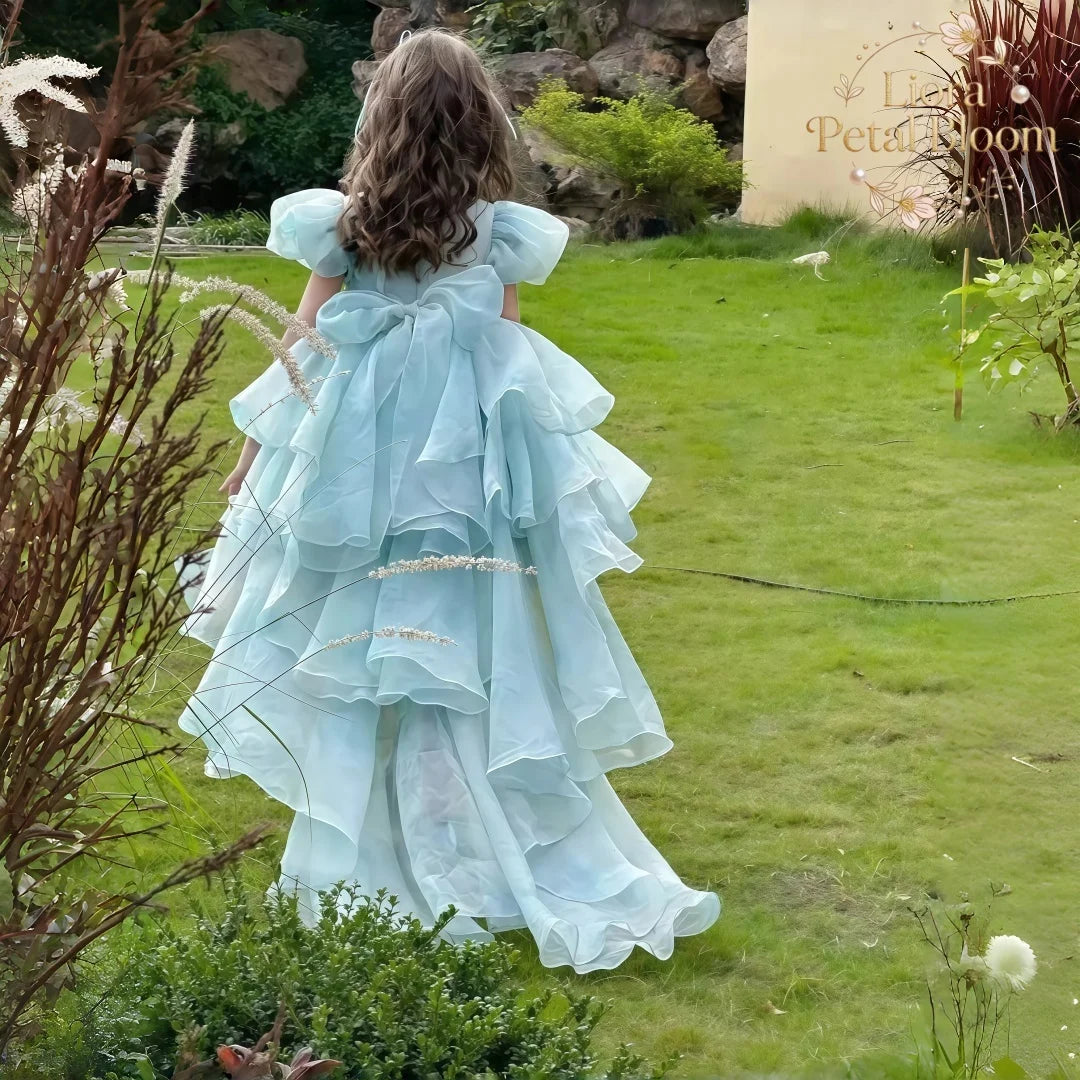 Blue Tulle Gown  Girls' Bow Party Dress Girls' Formal Wear Flower Girl Dress Girls' Princess Dress