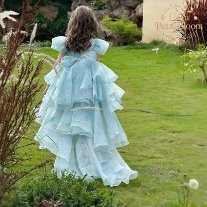 Blue Tulle Gown  Girls' Bow Party Dress Girls' Formal Wear Flower Girl Dress Girls' Princess Dress