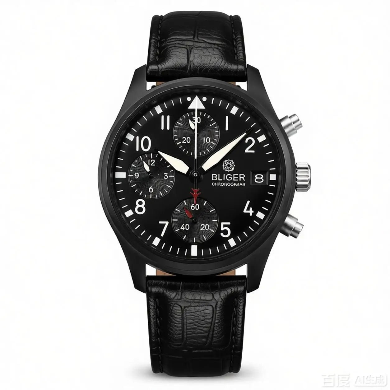 BLIGER Full Black Brushed 38mm VK67 Quartz Aviator Chronograph Watch For Men Domed Sapphire Glass Luminous Dial Waterproof Date