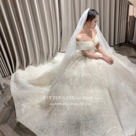 SSYTENS Cheap Wedding Dresses Shiny Wedding Dress Classic Boat Neck Bridal Party Gown Vestido De Noiva Robe De Mariee Customized