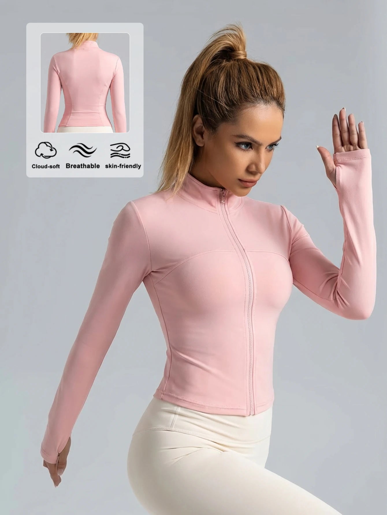 New Women Light Pink Yoga Coat Quick Dry Athletic Jacket with Zip Slim Fit Stand Up Collar Fitness Gym Workouts Outdoor Wear