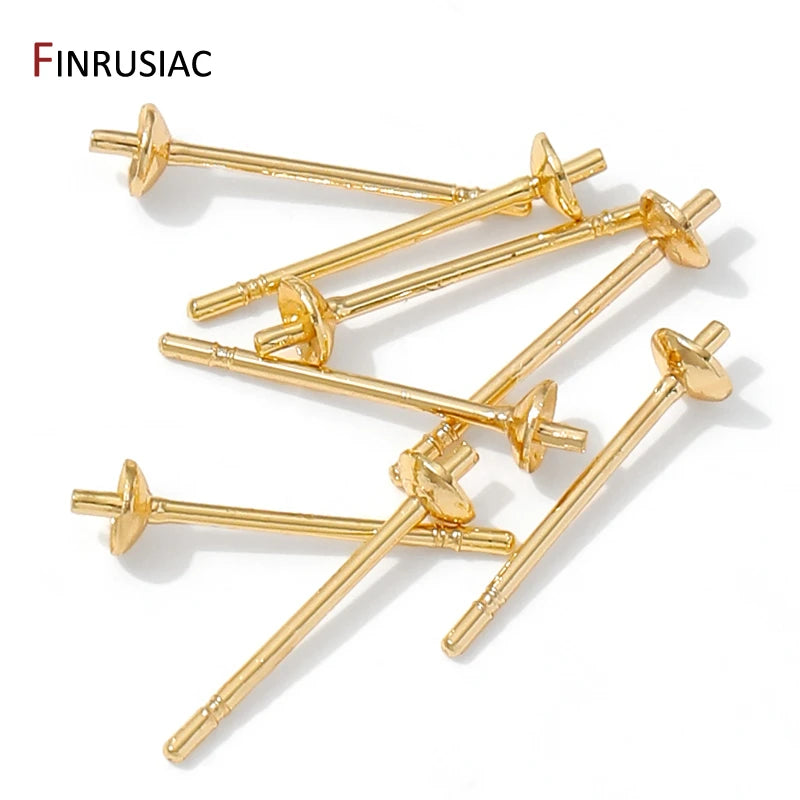 14K Gold Plated Brass Earring Stud Base Blank Post Ear Studs Tray Earplug For Pearl DIY Earring Making Accessories
