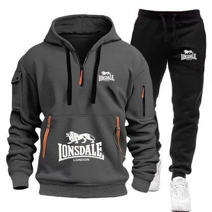 LONSDALE Men's Kangaroo Pocket Hoodie Set 2026 New Autumn Winter Fleece Sweatshirt + Sports Pants 2 Piece Tracksuit Casual Fitne