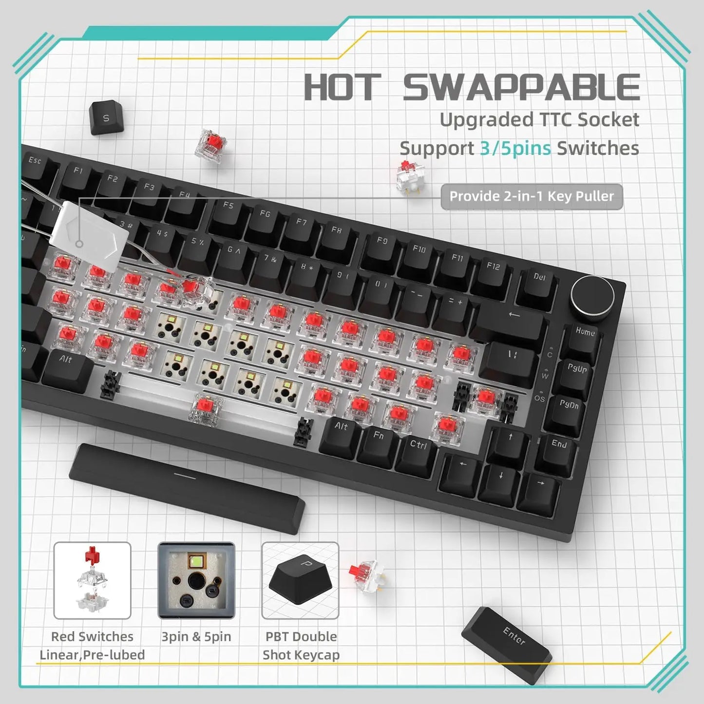 AJAZZ AK820 Wired With Rotary Volume Buttons Hot-Swappable Keys For Office AndHome Mechanical Keyboards DIY