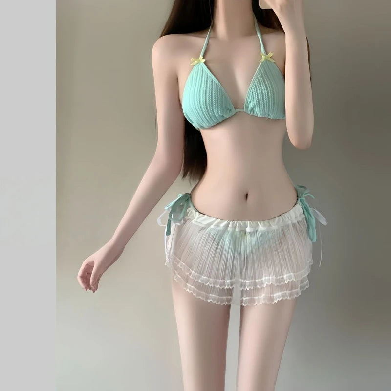 2026 Summer Women's Long Sleeve Bikini Set Korean Fashion Sweet Girl Swimsuit Slimming Beach Bathing Suit with Mesh Cover Up