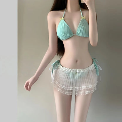 2026 Summer Women's Long Sleeve Bikini Set Korean Fashion Sweet Girl Swimsuit Slimming Beach Bathing Suit with Mesh Cover Up