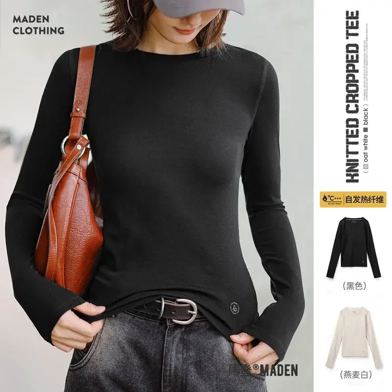 Maden Women’s Thermal Top Crew Knit Long Sleeve Underwear Shirt Slim Fit Inner Wear Warm T-shirt Autumn Spring Female Inner