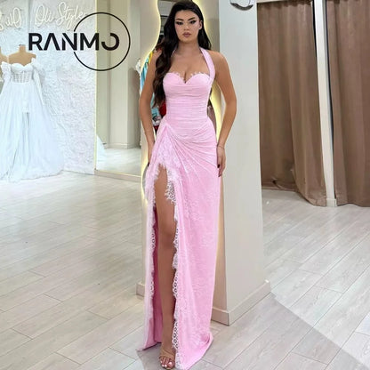 Ranmo Luxurious women's Pink Halter Sweetheart Collar Evening Dress 2026 A-line Side High Slit Pleat Lace Design Customized