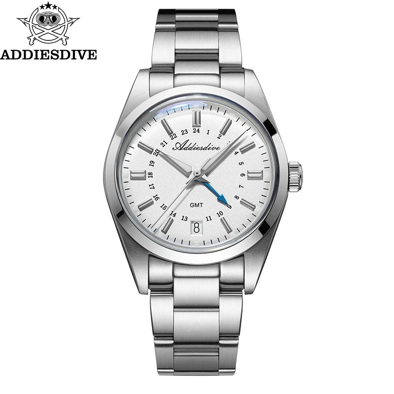 ADDIESDIVE Luxury Men's Analog Watch GMT Bubble Mirror Glass 36mm Quartz Watch Super Luminous 100m Business Steel Watch Men Gift
