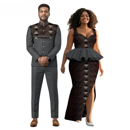 New African Print Men's Suit, Wax-dyed Couple Set, Women's Dress + Men's Suit  Women Clothing