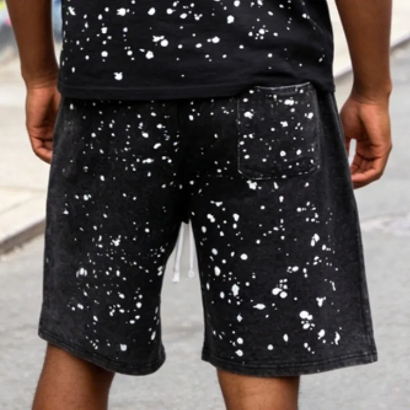 Handmade Ink Splashing Fading Letter Vintage Black SATOSHI Tshirts Hiphop Street Fake Two Piece Long Sleeve Men Women Shorts