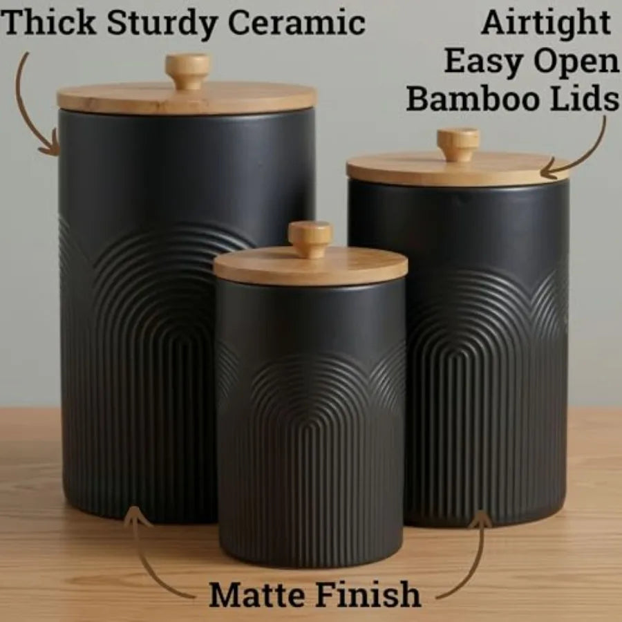 Ceramic Kitchen Canisters for Countertop Set of 3 with Airtight Bamboo Lids - Kitchen Canisters with Airtight Lids - Flour Suga