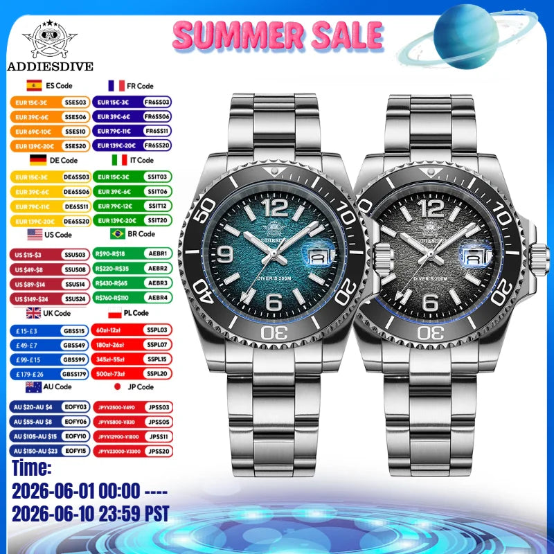 ADDIESDIVE 41mm Men Diving Watch AD2513 20Bar Waterproof BGW9 Super Luminous Reloj Hombre Quartz Men Watch