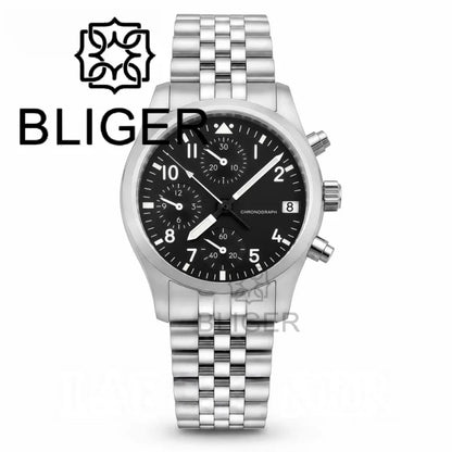 BLIGER Full Black Brushed 38mm VK67 Quartz Aviator Chronograph Watch For Men Domed Sapphire Glass Luminous Dial Waterproof Date