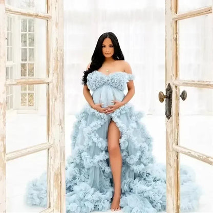 Maternity Dresses Customized Photoshoot Tiered Ruffles Pregnant Women Gowns Baby Shower Off Shoulder Front Slit Bridal Sleepwear