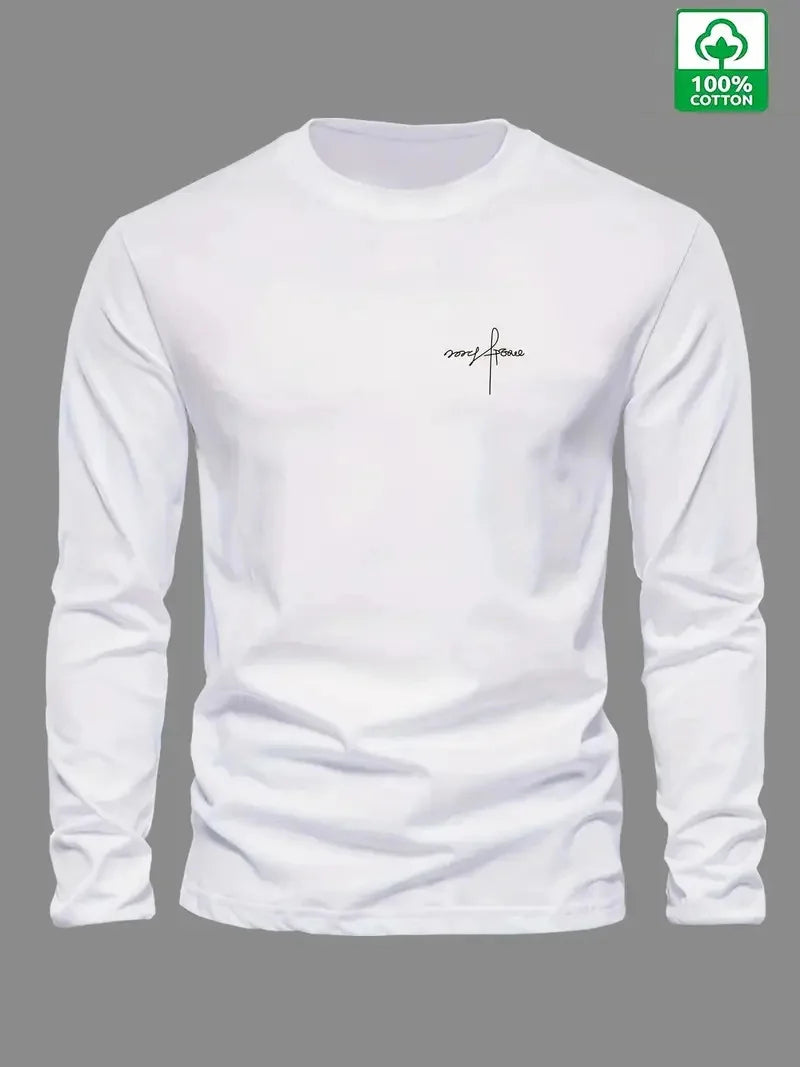 100% pure cotton men's long sleeved round neck loose classic letter printed autumn and winter casual versatile T-shirt top
