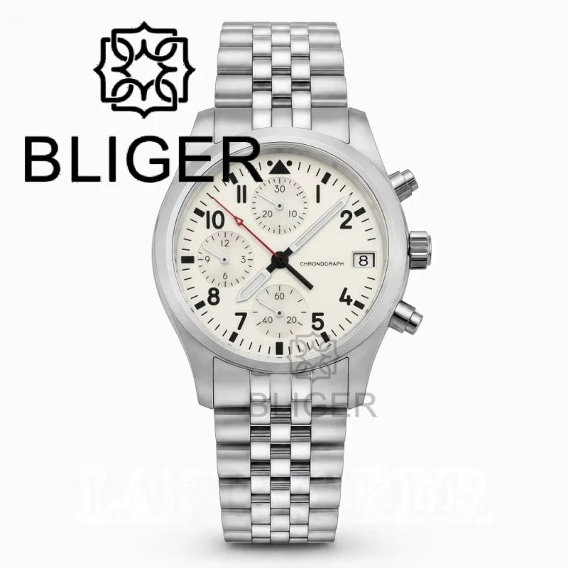 BLIGER Full Black Brushed 38mm VK67 Quartz Aviator Chronograph Watch For Men Domed Sapphire Glass Luminous Dial Waterproof Date