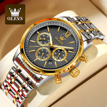 OLEVS Gold Blue Men's Watches Date Chronograph Small Dial Exclusive Design Luxury Business Waterproof Stainless steel Wristwatch