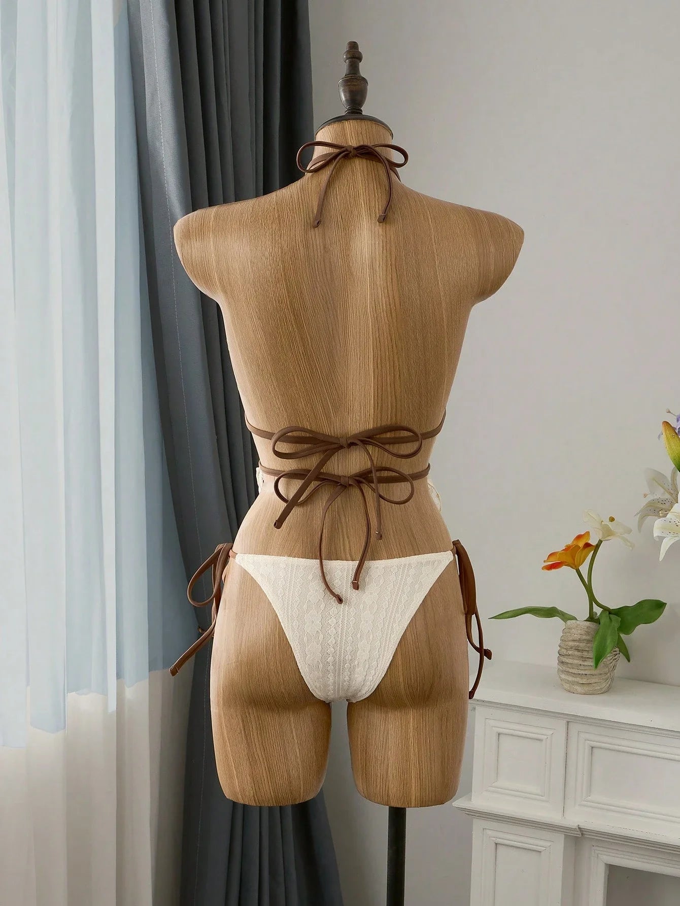 Cream Lace Halter Neck Tankini Set With Beaded Detail And Tie Side Bottoms