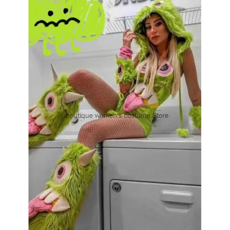 Atmosphere Nightclub Quirky NPC Costume For Women Halloween Cosplay Green Little Monster Bar Gogo Performance Costume For Women