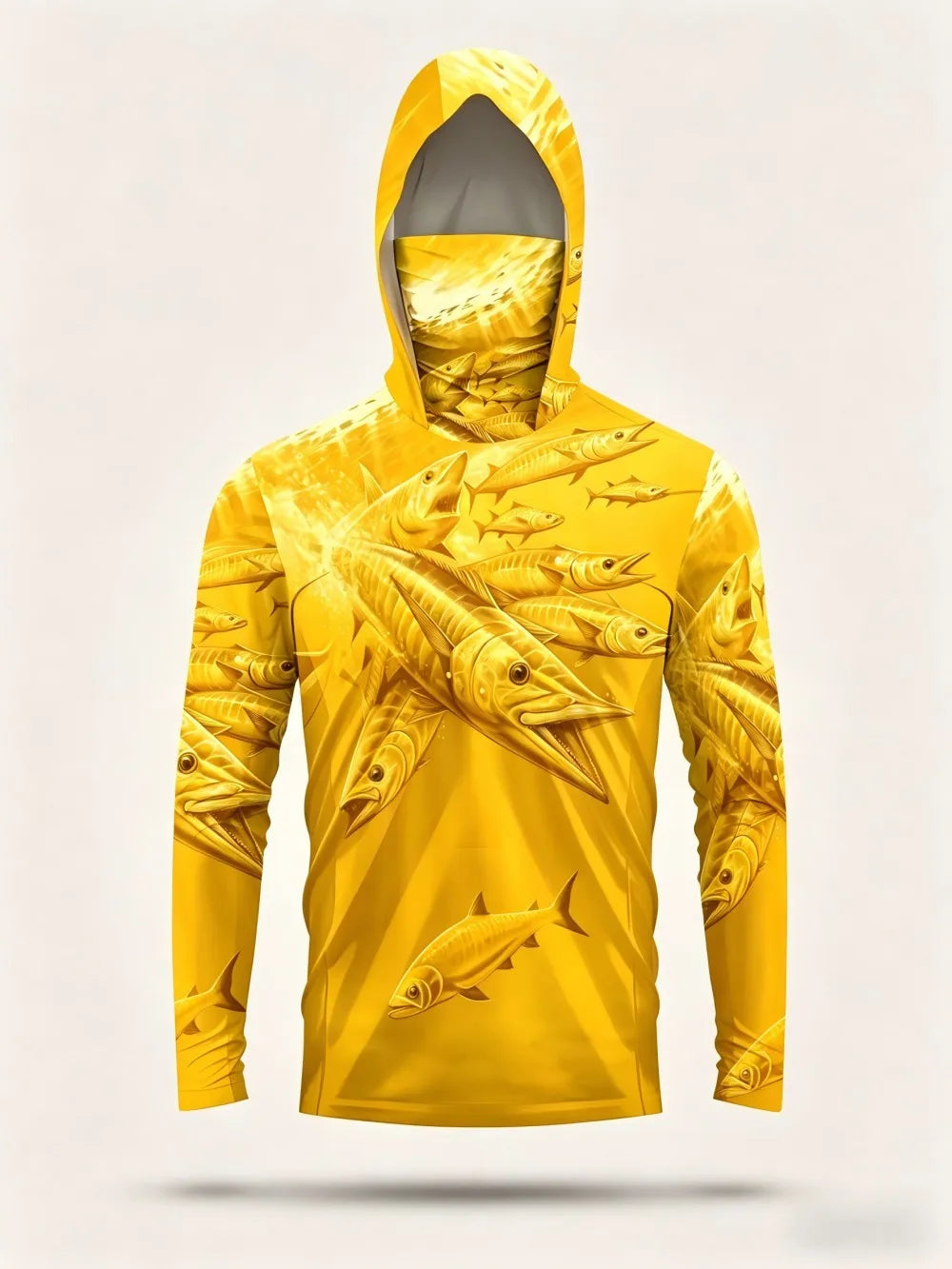 Men's summer fashion fish school print comfortable breathable hooded fishing suit long sleeved T-shirt outdoor casual top