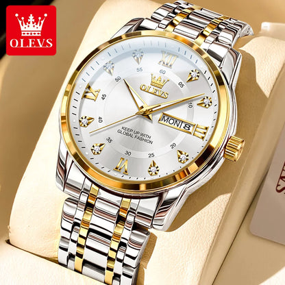 OLEVS Brand Fashion men's watches stainless steel waterproof Quartz wristwatch luminous Original watch for man Dual Calendar