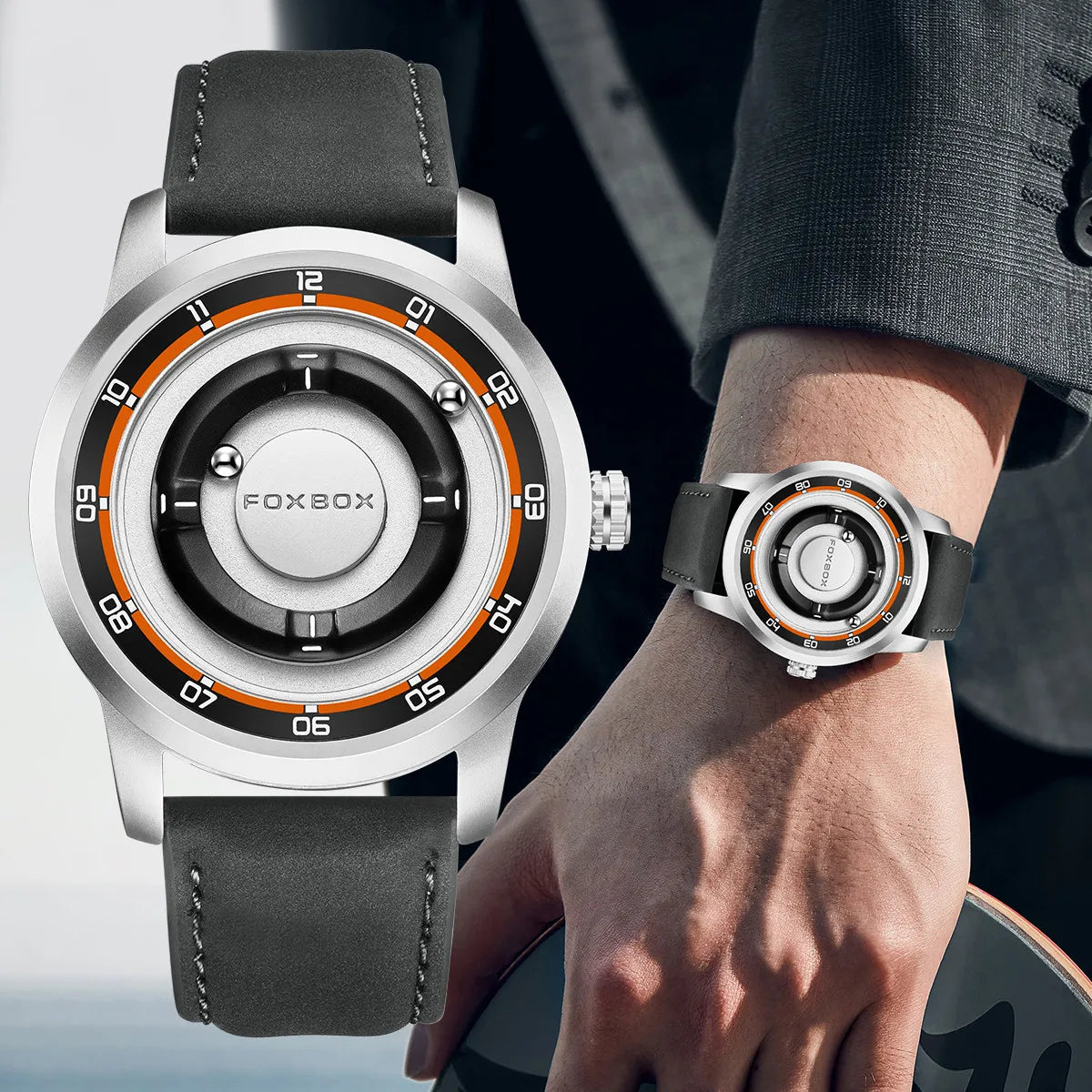 FOXBOX Magnetic Driven Watch Fashion Waterproof Quartz Wristwatch Rolling Steel Ball Pointer Sports Watches Military Clock+Box