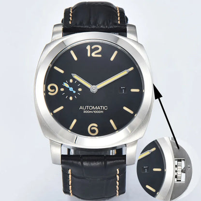 44mm Men's Watch Seagull ST2555 Movement Stainless Steel Case Automatic Mechanical Watch Strength Mineral Glass Leather Bracelet
