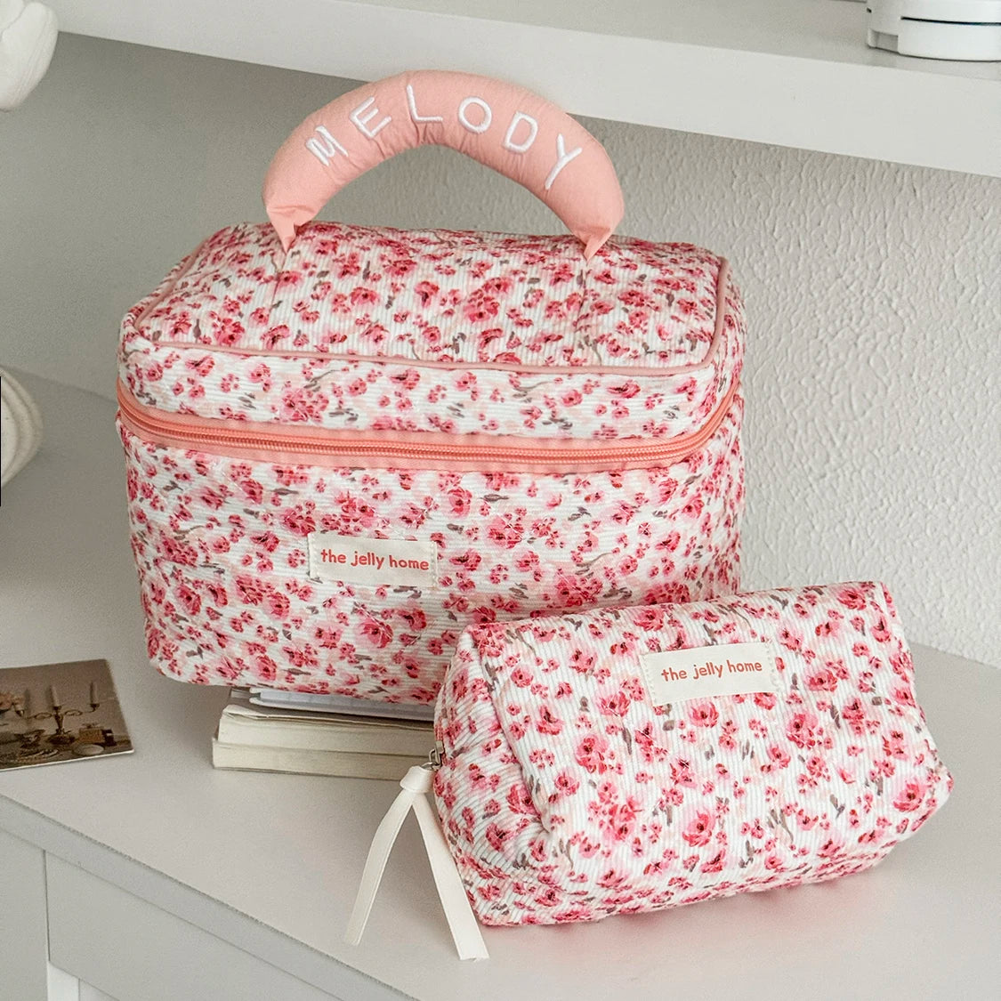 Fashion Pink Flower Women's Clutch Bag Sets Toiletry Makeup Tool Storage Pouch Quilting Cosmetics Organizers Handbag for Travel