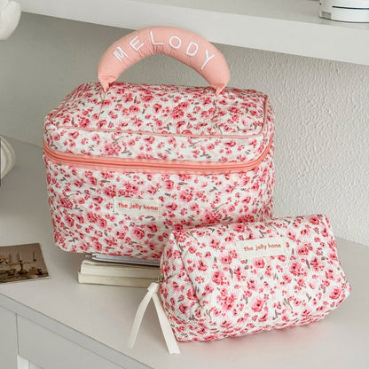 Fashion Pink Flower Women's Clutch Bag Sets Toiletry Makeup Tool Storage Pouch Quilting Cosmetics Organizers Handbag for Travel