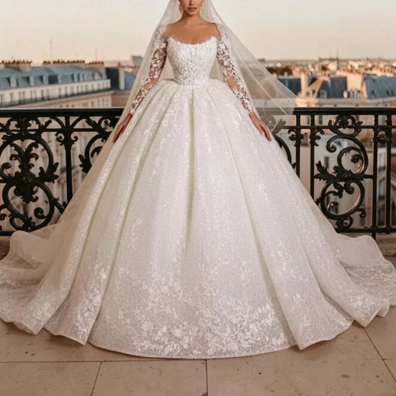 Custom Luxury Glitter Lace Ball Gown Wedding Dress Elegant Long Sleeve Bridal Gown Cathedral Train Plus Size Vestido De Novia