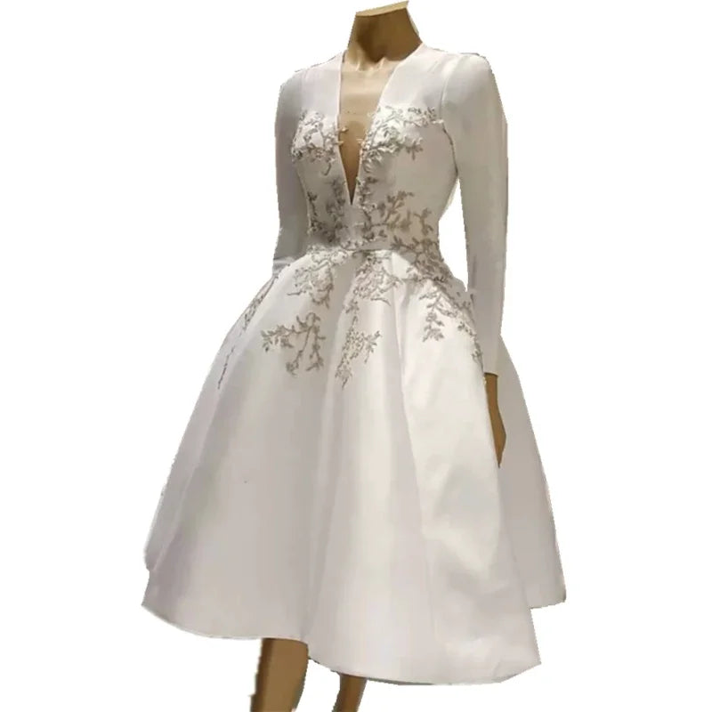 Silver Embroidery Long Sleeves V-Neck Bride Reception Gown Customized