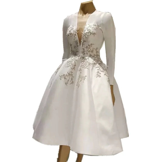 Silver Embroidery Long Sleeves V-Neck Bride Reception Gown Customized