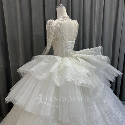 High Neck Chic Wedding Dress Corset Women High Quality Ball Gown Customized Romantic Long Sleeves Long Bride Wear robe de mariée