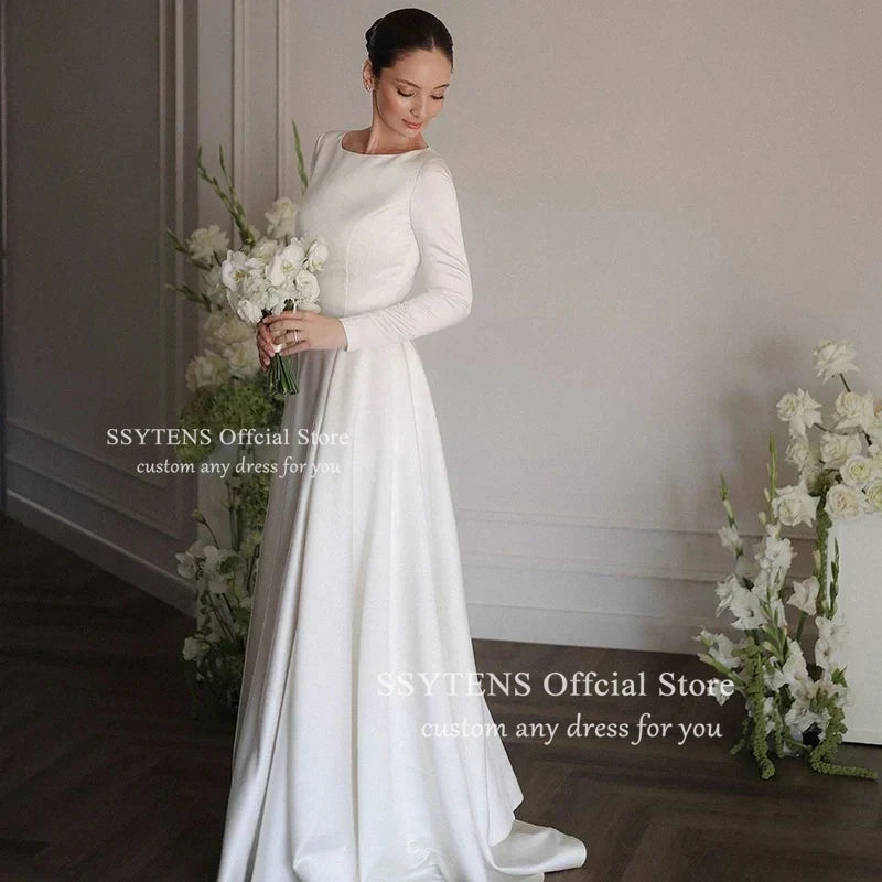 SSYTENS Elegant White Simple Wedding Dresses O-Neck Long sleeves Satin Draped Pleat A-line Floor-Length Bridal Gowns Customized