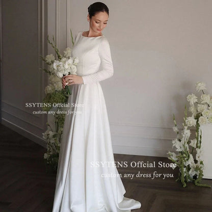 SSYTENS Elegant White Simple Wedding Dresses O-Neck Long sleeves Satin Draped Pleat A-line Floor-Length Bridal Gowns Customized