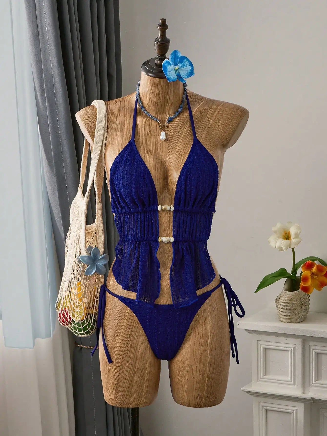 Cream Lace Halter Neck Tankini Set With Beaded Detail And Tie Side Bottoms