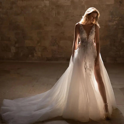 Exquisite V Neck Applique Wedding Dresses For Woman Sleeveless Side Silt Bridal Gowns Soft Tulles 2025 New vestidos de noviaEla