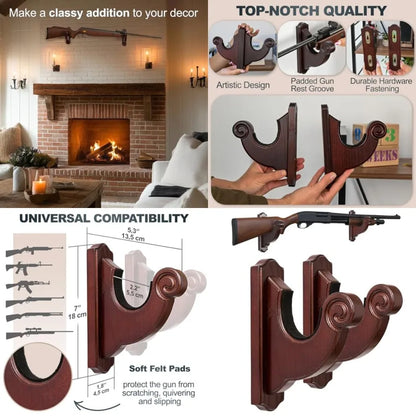 Rifle Wall Mount - Snail-Style Gun Hooks, Wooden Gun Rack for Shotguns and Rifles, Real Hardwood, Set of 2, Mahogany Finish, Rifle Wall Mount Display,Mahogany