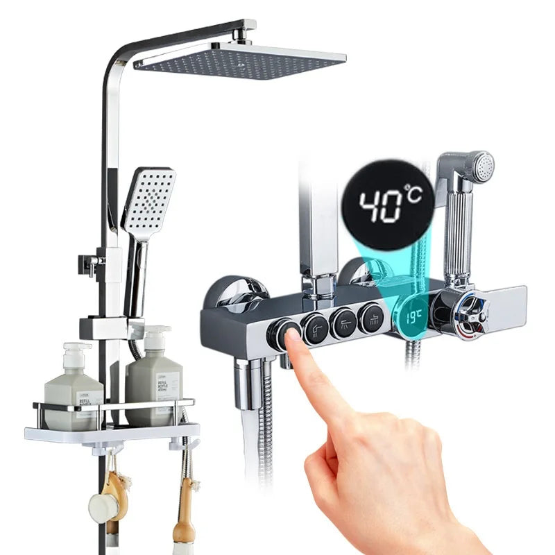 Luxury Silver Led Digital Display Brass Shower Set 4 Keys Faucets Mixers Taps Shower Sets Thermostatic Shower Mixer Faucet