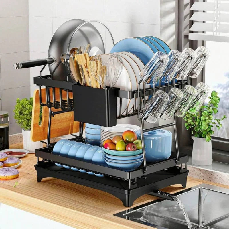 Rustproof Stainless Steel Dish Drying Rack, 2-Tier Large Dish Rack For Kitchen Countertops,With Utensil Holder