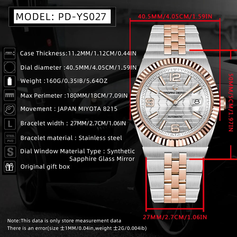 PAGANI DESIGN 2026 New Men's Watches Rose Gold Luxury Automatic Watch For Men MIYOTA 8215 Mechanical Wristwatch Sapphire crystal