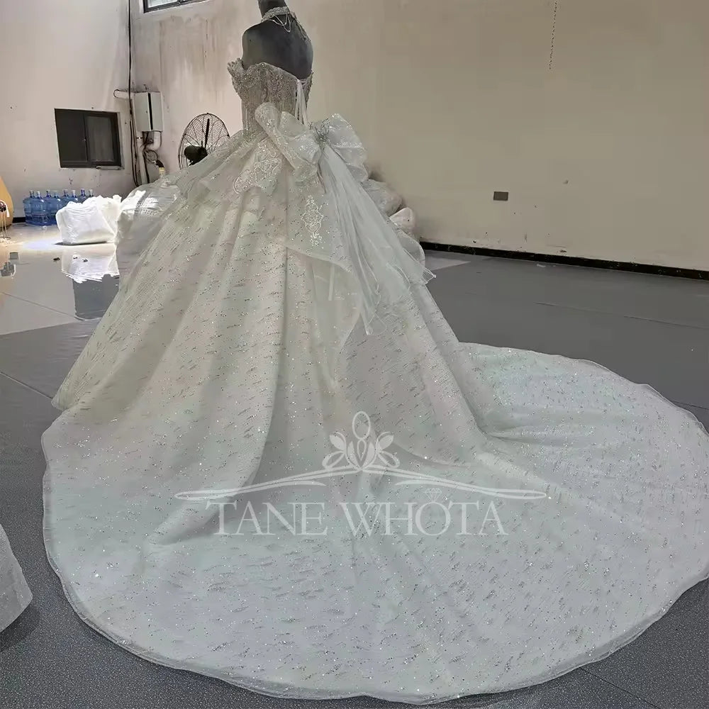 Robe De Marie Off Shoulder Tassel Sweetheart Beading Crystal Ball Gown Lace Elegant Wedding Dress