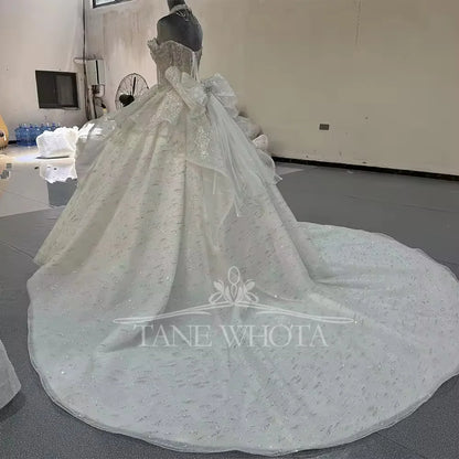Robe De Marie Off Shoulder Tassel Sweetheart Beading Crystal Ball Gown Lace Elegant Wedding Dress